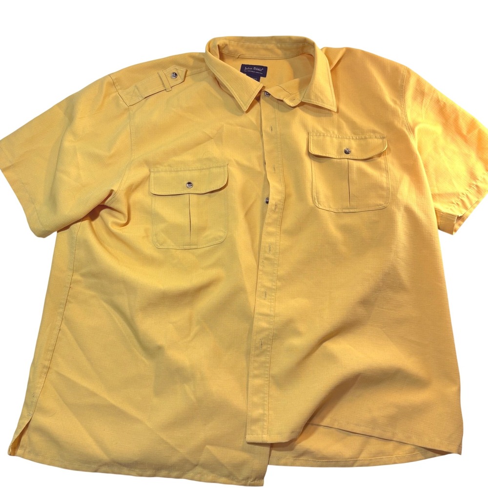 John Blair Mens Short Sleeve Button Up Shirt Yellow Safari Epaulets Textured L